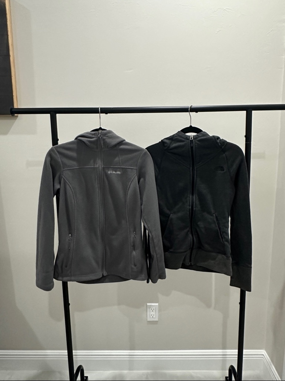 Columbia and North Face fleece with full zip and hood.